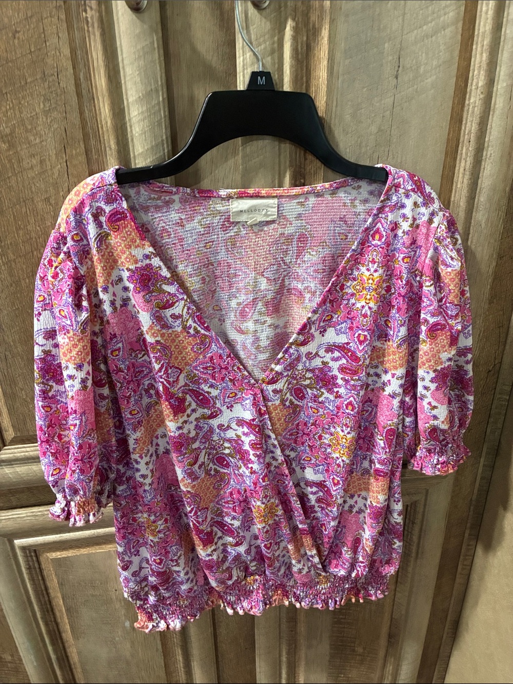 MELLODAY Pink Paisley Bubble-Hem Blouse with Puff Sleeves